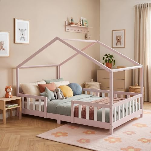 [en.casa] Kinderbett Treviolo 140x200 cm Rosa/Weiß | Hausbett, Montessori, Holzbett für Kinder, Bettgestell mit Lattenrost, Kiefernholz