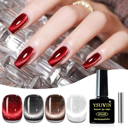 YSUVIN UV Nagellack Cat Eye, 4 Farben Rot Schwarz Braun Weiß Gel Nagellack Jelly Glas Kristall mit Magnet Soak-Off Cat Eye UV Gel für Anfänger DIY Nail Art Maniküre Salon, 8 ML