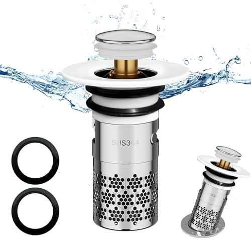 1 stycken Pop-Up Sink Plug, universal popup proppar tvättställ, rostfritt stål Tvättställsproppar, Dräneringsplugg, handfatsproppar, Nätpåse med filterkorg, för Badrumshandfat, badkar(34–40 mm)-Vit
