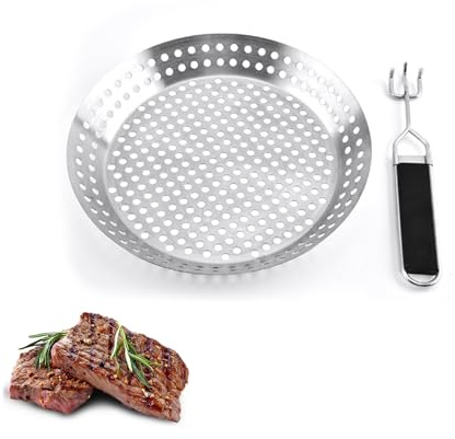 Non-Stick Stainless Steel BBQ Grill Pan 12 Barbecue Skillet BBQ Pan Grill Perforated Pan Grilling Grill Accessories Cooking Tool with Holes detachable ABS Handle Frying Pan for Outdoor BBQ 30Cm