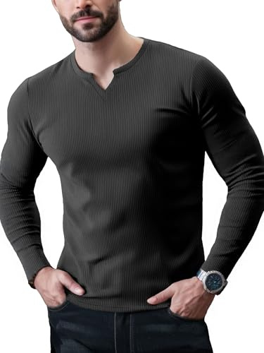 Yewloch Kortärmad och långärmad tröja med V-ringning, sport casual t-shirt, slim fit bastoppar, stretch muskelskjortor, affärsundertröjor, svart, L