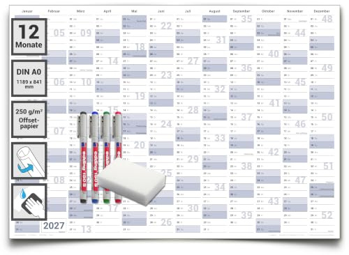 Gigatime XXL Jahresplaner 2027 abwischbar, Wandkalender DIN A0 118 x 84 cm, gerollter Jahreskalender Deutsch, Wandplaner fürs Büro und Zuhause, inkl. 4 Stifte & Schwamm