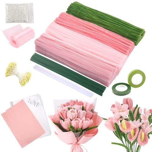 ToKinCen Pfeifenreiniger Blumenstrauß Set, 400 Stück Pfeifenreiniger Blumenset zum Basteln, DIY-Komplettset für Handarbeit und Hochzeitsblumendeko
