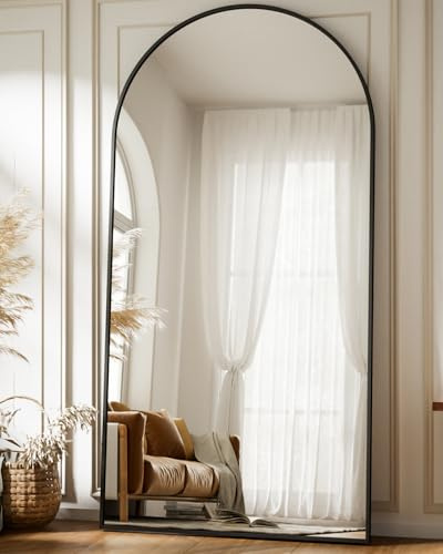 BEAUTYPEAK 180x76 cm Arched Floor Mirror with Stand, Full-length Mirror, Aluminium Alloy Frame, Standing Hanging or Leaning Against Wall for Wall Decor, suitable for Livingroom, Bedroom, Black