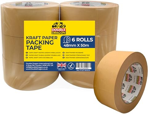 Double Dragon Heavy Duty Brown Kraft Tape 50m Long, 48mm Wide (6 Rolls) | Writable, Self-Adhesive Recyclable Tape for Packing, Shipping, Sealing Boxes, Moving & Wrapping | Eco-Friendly & Biodegradable