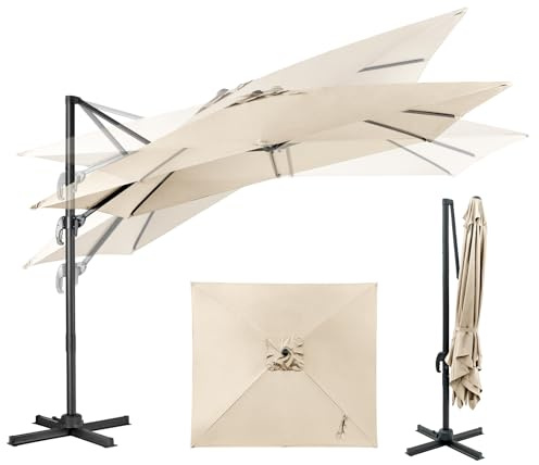 GOPLUS Parasol Déporté 3x3M, Parasol de Jardin Exterieur, avec Toile Inclinable à Double Couche, Manivelle, 8 Baleines, Rotation à 360°, Anti-UV, pour Balcon Terrasse Patio, Beige