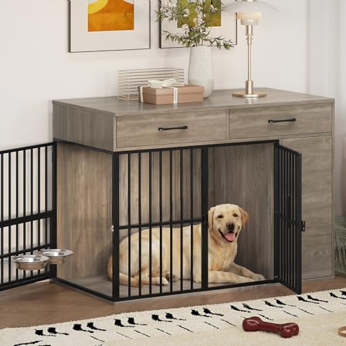 Hello-5ive Hundekäfig-Möbel, große Holzbox mit Schubladen, Beistellschrank und um 360° drehbaren Näpfen, robuste Hundehütte mit Doppeltüren, Beistelltisch-Stil, 120 x 60 x 86 cm, Grau