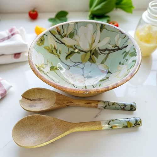 Hartsmede Wooden Salad Bowl 10 with Spoons –Handmade Mango Wood Serving Dish with Floral Enamel Interior Rustic Eco-Friendly Fruit or Pasta Serving Set for Kitchen Dining or Entertaining SNOWBELL