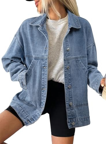 SHEWIN Denim Jacket for Women Long Sleeve Button Down jean Jacket Denim Shirt Lightweight Fall Outfits for Women 2025 Dusk Blue Medium