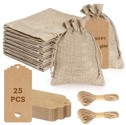 25 Pezzi Sacchetti di Juta, 10 x14 cm Sacchettini Regalo di Lino con biglietti regalo e Coulisse, Sacchetti di Tessuto Piccoli per Matrimoni Feste Calendario Avvento Regalo Gioielli Fai-da-Te Natale