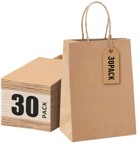 OFFASST 30 Stück Papiertüten mit Henkel, geschenktüten für Einkaufen, Hochzeiten, Verpackungen, Partys, Geburtstag, Weihnachten(Braun - 15x8x21cm)