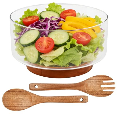 Ziyonix 4200ML Extra Large Glass Salad Bowl with Natural Acacia Wood Base, Large Glass Trifle Bowl Versatile Serving Dish or Salads Fruits Family Dinners Parties Gatherings