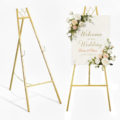 grenty 57.5 Gold Easel Stand for Wedding Sign, Heavy Duty Metal Display Stand, 4-Tier Height Adjustable Easel for Art, Paintings, Welcome Signs, Posters, and Décor, Simply Assembly Required