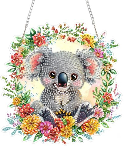 QENSPE Koala Diamond Painting Colgante con Cadena, Corona Pintura Diamantes para Adultos, Forma Especiale Gem Art Adorno Ventana Puerta y Jardín Decoración Regalo, Ancho 20 cm