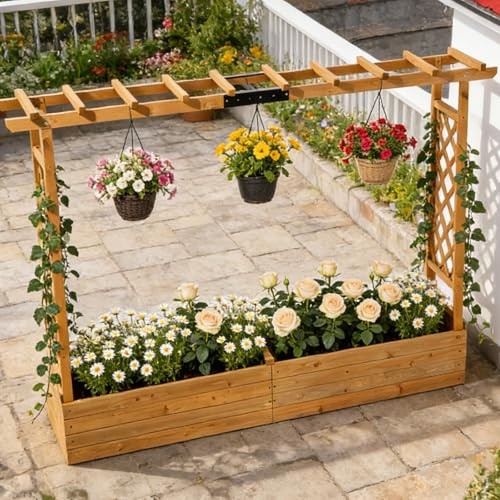 LEADZM pflanzkübel mit rankgitter, Holz Blumenkasten mit rankgitter Ablauflöchern, Hochbeet Balkon für Kletterpflanzen & hängende (Breitere Version(200 x 45 x 113 cm))