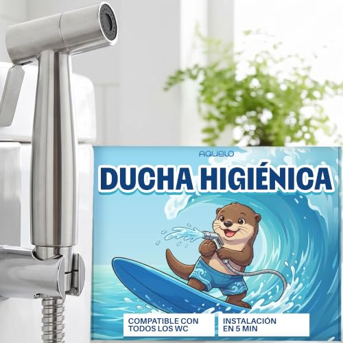 AQUELO Bidet para WC - Ducha Higiénica para WC con Grifo Regulador de Presión - Ducha Bidet para Inodoro con Manguera de Acero Inoxidable y Soporte de Pared