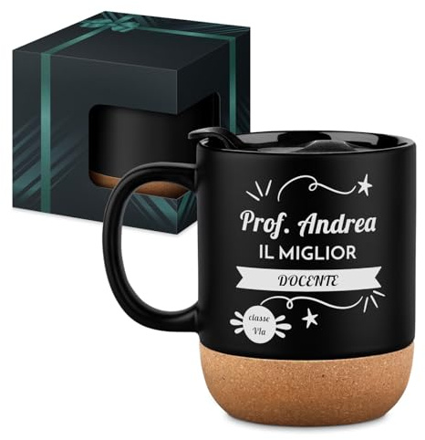 Maverton Tazza Personalizzata in Ceramica 350ml - Tazze Colazione Nera con Base in Sughero e Coperchio - Idea Regalo Uomo Compleanno per Caffè e Tè - Tazze Caffe Latte Regalo Uomo