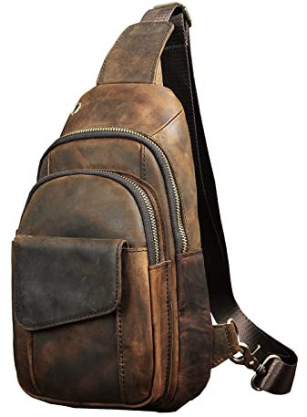 Le’aokuu Herren Echtes Leder Hüfttasche Bauchtsche Brusttasche Crossbody Bag Sling Bag Schultertsche Brustbeutel Freizeit Reisen Outdoor Tasche 8013 (1 8013 A Dunke Braun)