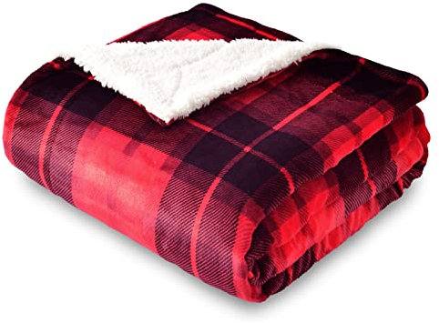 SOCHOW Karierte Sherpa Decke Fleecedecke Kuscheldecken, Dicke Sofadecke Couchdecke, doppelseitig superweiche warm luxuriöse Sofaüberwurf Flauschige Wohndecke 150 x 200 cm, Rot