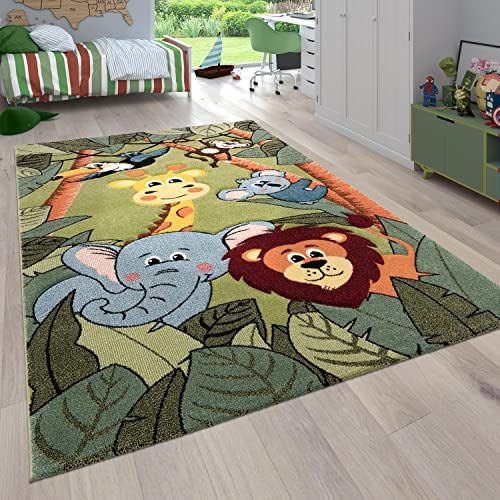 Paco Home Kinderzimmer Kinderteppich für Jungen mit Tier u. Dschungel Motiven Kurzflor, Grösse:120 cm Rund, Farbe:Grün