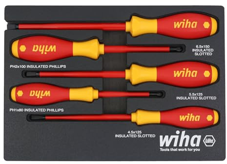 Wiha 32081 Schraubendreher-Set, isoliert, SoftFinish, gepolsterter Griff, 5-teilig | 1000V VDE zertifiziert, Tablett organisiertes Set, SoftFinish Polstergriff, geprüft bis 10.000 Volt, Made in Germany