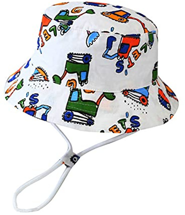 FUYAO Baby solhatt barn småbarn pojkar strand solskydd hatt sommar lekhattar justerbar hakrem hinkhatt, Vit grävmaskin, 12-24 månader