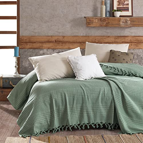 Milam London Sage Green Throw Blanket | Cotton Bedspreads King Size | Sofa Throws Large 3 Seater | Waffle Bed Throw King Size | Large Throws For Sofas 220 x 240 cm
