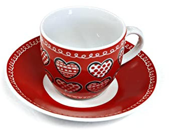Set da 6 Tazzine Caffè con Piattino in Porcellana, Lavabili in Lavastoviglie, Disponibili in più Fantasie Accessori Cucina (Bianco/Rosso)