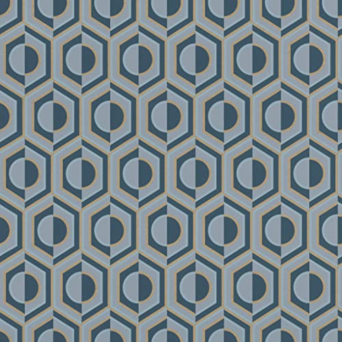 Rasch Carta da parati 710151 – Carta da parati in tessuto non tessuto con design geometrico, effetto retrò, colore blu/grigio e oro, della collezione Sophia, 10,05 m x 0,53 m (lunghezza x larghezza)