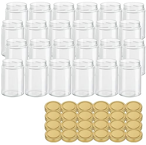 gouveo 24er Set Vorratsglas 500 ml (0,50 l) Vorratsglas 500 ml rund mit goldfarbenem Twist-Off Schraubdeckel TO 82 Deep, Klarglas Vorratsgläser für Vorrat, Meal Prep & Overnight Oats (EGKD500G)