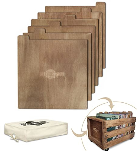 Retro musique Laser Etched Wooden Record Dividers to Organize 12 Vinyl LPs, Set of 6, with Hessian Cloth Cover (Oak Finish)