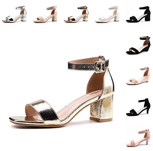 Hitmars Sandalias Mujer Tacon Verano Fiesta Abiertas Elegantes Boda Zapatos de Tacón Tiras Medio Fiesta Moda Comoda Sandalias Tacon Oro Talla 39 EU