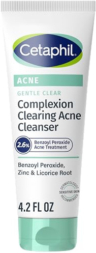 Cetaphil Gentle Clear Complexion-Clearing BPO Acne Cleanser with 2.6% Benzoyl Peroxide, Creamy and Soothing for Sensitive Skin, Suitable for All Skin Types, 4.2oz