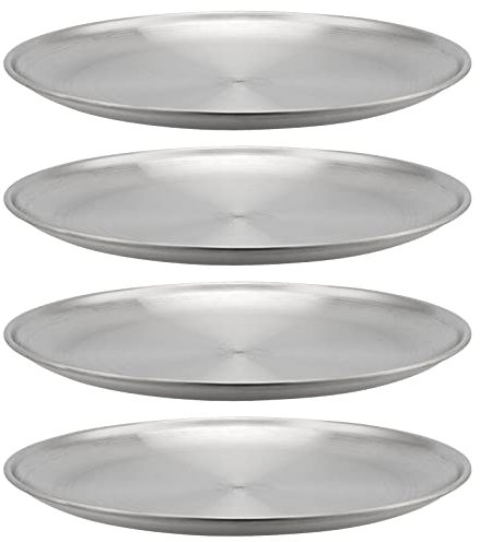MOUYAT 4 st 30 cm stor tallrik i rostfritt stål, 30 cm runda middagsmetallplattor, metallsallad bifftallrikar återanvändbar maträtt för att äta servera camping utomhus BBQ hem kök, polerat silver