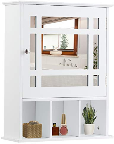 LIFEZEAL Armoire Murale de Salle de Bain avec Miroir, Placard de Rangement Toilettes avec Étagère Réglable, Armoire de Toilette à 3 Niveaux, 50 x 16 x 61 cm (Blanc)