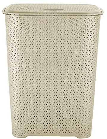 JMS we create smile 65 Litre Large Laundry Basket with Flip Lid - Knit Design Plastic Hamper Washing Baskets for Linen Clothes Storage Basket (Beige)