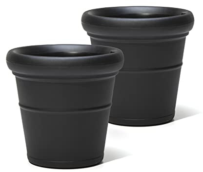 Step2 Claremont Tall Round Planter, Large Planters for Outdoor Plants, Gardening and Flower Pot for Patio or Porch, Efficient Drainage, Durable Plastic, Onyx Black, 2-Pack