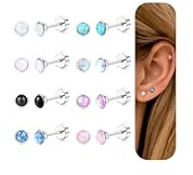 Chriscoco 8 Paar Damen Ohrringe - Chirurgenstahl Tragus Helix Piercings Mit Opal, Türkis, Mondstein - Flache Knorpel Piercings Ohrloch Stecher Set Silber 4/6 mm