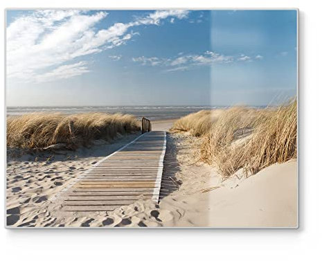 DEQORI Planche à découper en verre | Grande taille 40 x 30 cm | Motif « lever de la plage au bord de la mer » | Planche à découper design pour cuisine | Planche à petit-déjeuner antibactérienne &