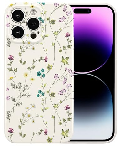 RALEAVO Blommigt fodral kompatibelt med iPhone 14 Pro (6,1 tum), stötsäkert silikonfodral med sött motiv, tunt mobiltelefonfodral med kameraskydd, skyddsfodral för iPhone 14 Pro, beige