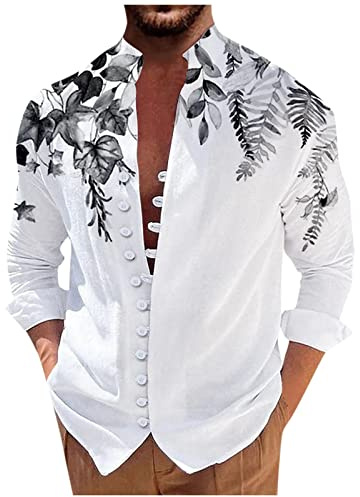 Chemise Homme Casual Chemise Homme Manches Longues Chic Imprimée Chemisette pour Homme Henley Chemisette Homme Confortable Travel Chemise Col Mao Homme Vintage Chemise sans Repassage