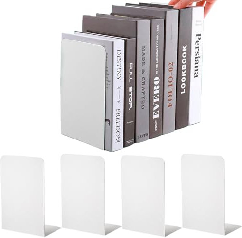 Sporgo Lot de 4 serre-livres en métal blanc pour étagères, pupitre pour livres, pupitre de musique, serre-livres pour l'école, la maison, le bureau, la bibliothèque