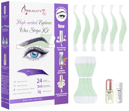 Beauty7 Bandes de Cire Froide Visage pour Sourcils Forme Arqués 24 bandes d'épilation Avec Huile Essentielle Apaisante 3g + Poudre de Perle 2ml