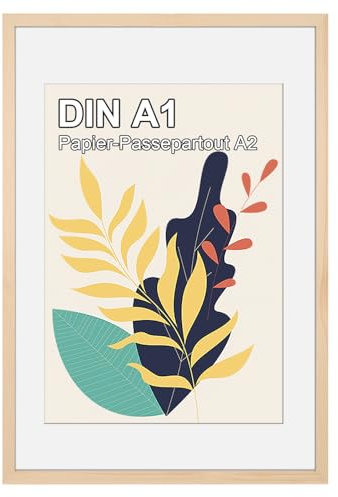HOHIYO A1 Holz Bilderrahmen Posterrahmen Puzzlerahmen 59,4x84,1 cm aus Eiche mit Papier-Passepartout A2(59,4x84,1 cm) und bruchsicherem Plexi-Glas,zum Aufhängen
