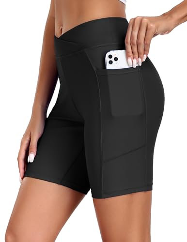 Ekouaer Damen Badeshorts Boardshorts Badehose High Waisted Schwimmshorts Badehose Schnell Trocknende mit Liner Taschen Schwarz M