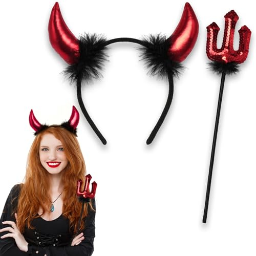 ROSAUI Devil Horns Headband & Sequin Pitchfork – Red & Black Halloween Costume Accessories for Adults – Fun Fancy Dress for Parties, Masquerade & Carnival