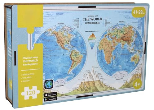 EXERZ 120pcs Wooden Puzzles A3 (41x29cm), Featuring “Earth Hemispheres”, Wooden Jigsaws World Map Interactive AR feature with free iOS App