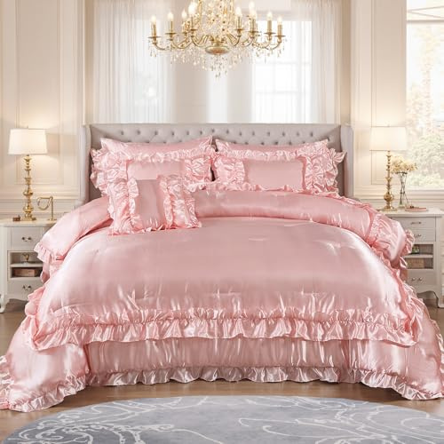 MOVE OVER 8 Pieces Pink Satin Comforter Set Queen Size Bed in a Bag Silky Comforter with Sheet Set Boho Chic Farmhouse Ruffled Comforter Set Soft and Silky Luxury Satin Bedding Set for All Season