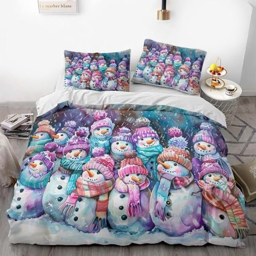 YZQGLHP Bettbezüge 220x240 Schneeflocke Bettwaesche Schneemann Bettbezug Mikrofaser 3teilig Bettwäsche Weich Atmungsaktiv und 2 Kissenbezüge 80x80 cm mit Reißverschluss