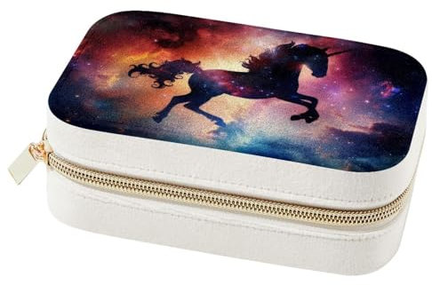 Eslifey Kleine Schmuckschatulle mit Galaxie-Wolke, Einhorn-Silhouette, doppellagig, Reise-Schmuck-Organizer für Frauen und Mädchen